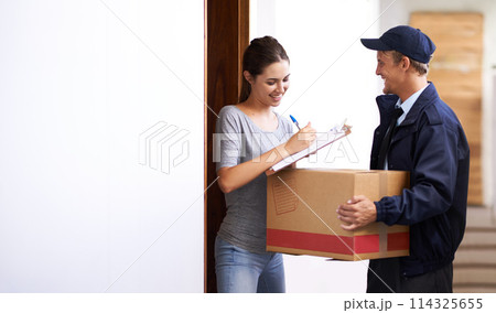 Delivery, ecommerce and woman sign documents, forms and application for package, parcel and box. Online shopping, paperwork and people with receipt for shipping, supply chain and distribution in home Delivery, ecommerce and woman sign documents, forms and application for package, parcel and box. Online shopping, paperwork and people with receipt for shipping, supply chain and distribution in home 114325655