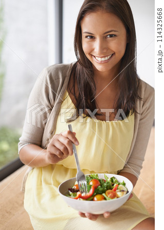 Happy woman, portrait and bowl with salad for diet, natural nutrition or healthy eating at home. Face of female person or vegetarian with smile for fruit or vegetables in health and wellness at house Happy woman, portrait and bowl with salad for diet, natural nutrition or healthy eating at home. Face of female person or vegetarian with smile for fruit or vegetables in health and wellness at house 114325668