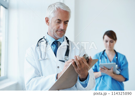 Checklist, research or mature doctor writing medical notes, feedback review or schedule in hospital. Clipboard, healthcare paperwork update or man in clinic working on a science report or medicine 114325890