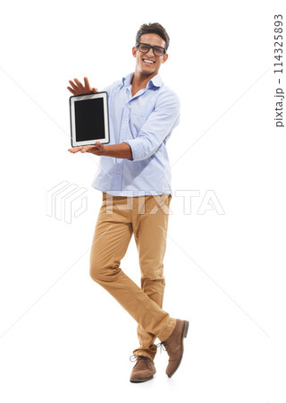 Happy man, tablet screen and mockup in studio for e learning website, presentation or online education. Portrait of teacher or professor with digital technology for registration on a white background 114325893