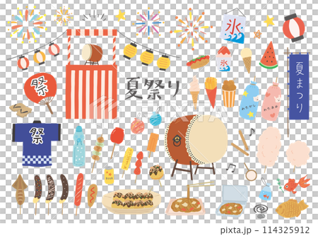 屋台の食べ物やお祭りにまつわる手描きイラストセット（カラー/主線なし） 114325912