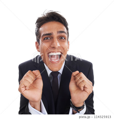 Business man, winner and victory in portrait, studio and excited for corporate success by white background. Happy male professional, wow and promotion or deal, energy and celebration for opportunity 114325913