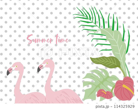 夏の観葉植物とフラミンゴの背景 114325929