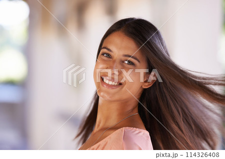 Hair, portrait or happy woman outdoor for beauty, cosmetics or salon, treatment or results. Face, smile and female person outside with haircare, shampoo or keratin, growth or texture satisfaction 114326408