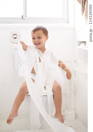 Boy child, potty training and toilet paper with sitting, mummy and thinking for learning, development or comic game. Child, family home and laugh in bathroom with tissue, hygiene or funny with joke Boy child, potty training and toilet paper with sitting, mummy and thinking for learning, development or comic game. Child, family home and laugh in bathroom with tissue, hygiene or funny with joke 114326560