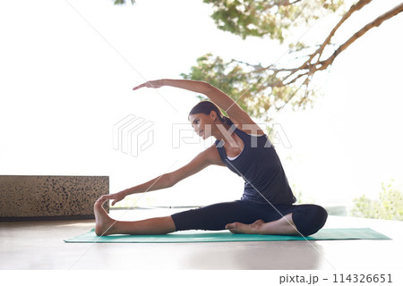 Stretch, yoga and female fitness person in studio, arm and muscle strength on exercise mat. Wellness, activewear and training for joint health on floor, woman athlete or fit body for pilates or sport 114326651