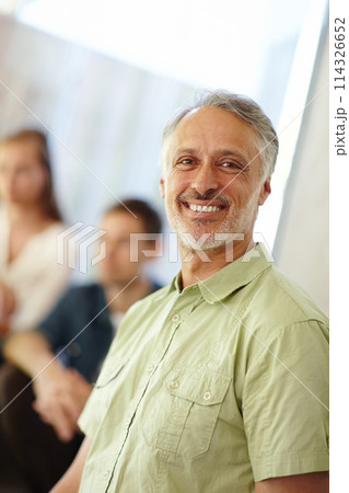 Senior, man and smile with portrait for relax in home for retirement, holiday and vacation with confidence. Mature person, face and happy for family getaway with pride, grey hair and casual outfit 114326652