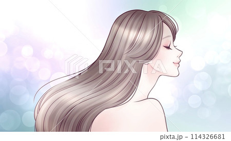 美しい髪/髪を靡かせる/キューティクル/横顔の女性・女の子のイラスト素材 美しい髪/髪を靡かせる/キューティクル/横顔の女性・女の子のイラスト素材 114326681