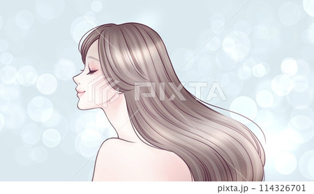 美しい髪/髪を靡かせる/キューティクル/横顔の女性・女の子のイラスト素材 美しい髪/髪を靡かせる/キューティクル/横顔の女性・女の子のイラスト素材 114326701
