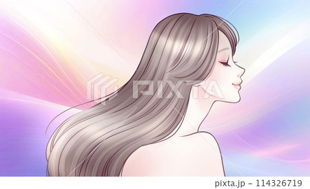 美しい髪/髪を靡かせる/キューティクル/横顔の女性・女の子のイラスト素材 114326719