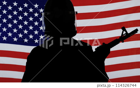 Army, silhouette and usa with soldier and gun in studio for war, military service or patriotic. Armed forces, hero and veteran with person on American flag background for battle, training and courage Army, silhouette and usa with soldier and gun in studio for war, military service or patriotic. Armed forces, hero and veteran with person on American flag background for battle, training and courage 114326744