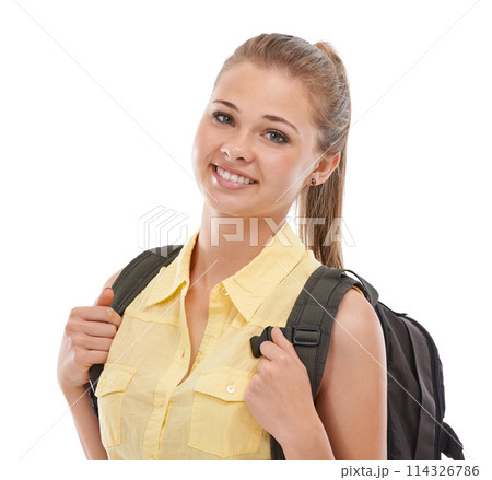 High school, girl or portrait of student in studio on white background ready for class, learning or education. Happy, smile or face of person with bag excited for lesson, youth academy or development High school, girl or portrait of student in studio on white background ready for class, learning or education. Happy, smile or face of person with bag excited for lesson, youth academy or development 114326786