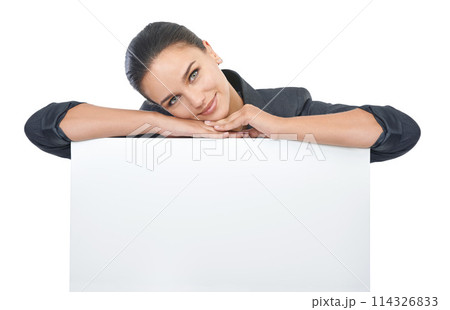 Woman, promotion and poster with mockup space in studio, portrait and information for market sales. Girl, announcement and billboard for advertising, placard and communication with white background 114326833