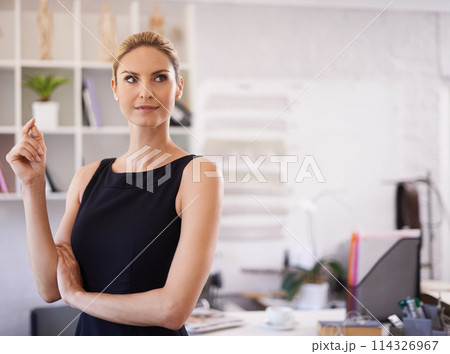 Business woman, thinking and vision in office with magazine editor and employee at startup. Creativity, planning and workplace with professional art director ready for work with job idea for career Business woman, thinking and vision in office with magazine editor and employee at startup. Creativity, planning and workplace with professional art director ready for work with job idea for career 114326967