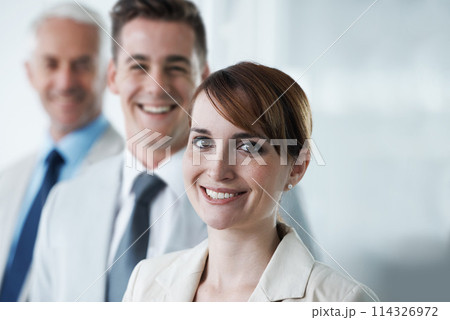 Portrait of three corporate business people , standing in a row and in an office . Three diverse colleagues , standing in boardroom , employees , team leader and two men aged private company 114326972