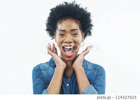 Black woman, portrait and excited with afro for winning, good news or prize on a white studio background. Face of surprise, happy African or female person with smile for alert, promotion or deal Black woman, portrait and excited with afro for winning, good news or prize on a white studio background. Face of surprise, happy African or female person with smile for alert, promotion or deal 114327023