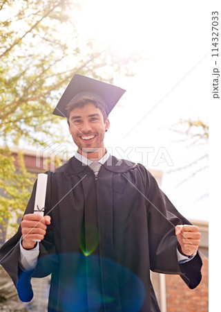 Success, graduate and portrait of man with diploma for qualification, education and degree on graduation day. Winner, university youth and certificate for achievement, celebration and scholarship Success, graduate and portrait of man with diploma for qualification, education and degree on graduation day. Winner, university youth and certificate for achievement, celebration and scholarship 114327033