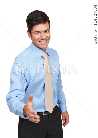 Businessman, portrait and happy with handshake, isolated and confident in white background. Male person, welcome and smile in backdrop for recruitment, hiring and job opportunity in deal or interview Businessman, portrait and happy with handshake, isolated and confident in white background. Male person, welcome and smile in backdrop for recruitment, hiring and job opportunity in deal or interview 114327034
