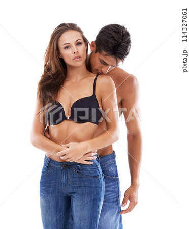 Portrait, hug and couple sexy in studio for love or bonding, close and sultry with seduction for relationship. Man, woman and together on white background for compassion, romance and embrace. Portrait, hug and couple sexy in studio for love or bonding, close and sultry with seduction for relationship. Man, woman and together on white background for compassion, romance and embrace. 114327061