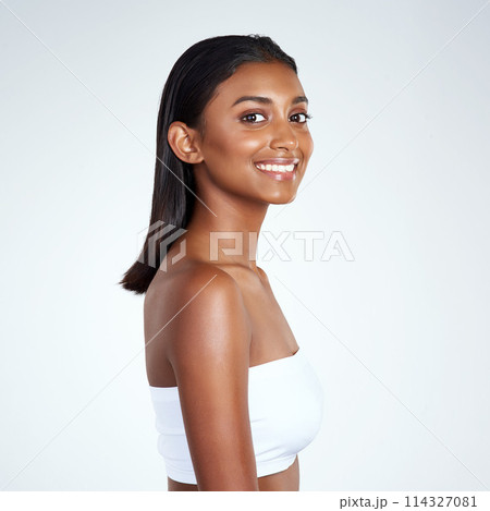 Portrait, skincare and beauty of happy Indian woman in studio for wellness isolated on a white background mockup space. Face, cosmetics and model in makeup for dermatology, shine or body for health 114327081