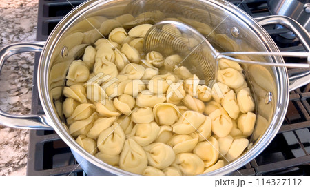 A large pot filled with boiling tortellini pasta showcases the preparation of this traditional Italian dish, with the pasta floating in water ready to be served, set on a modern gas stove. 114327112