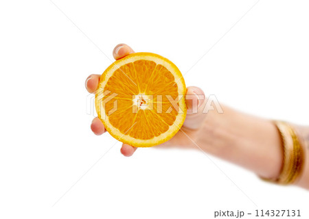 Vitamin C, citrus and oranges in studio, wellness and fiber for cardiovascular health with potassium. Nutrition, healthy and food as fruit, antioxidant and juice for eating in white background 114327131