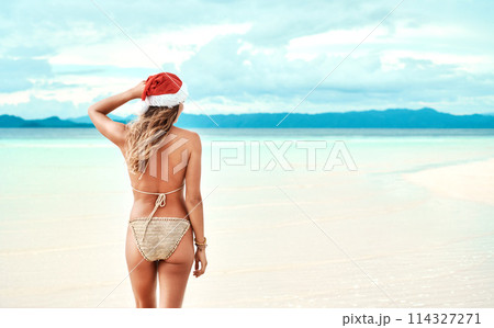 Woman, bikini and Christmas cap on beach with mockup for summer holiday or travel for relax on festive break outdoor. Young lady, rear view and ocean for sand and tropical adventure in Bali 114327271