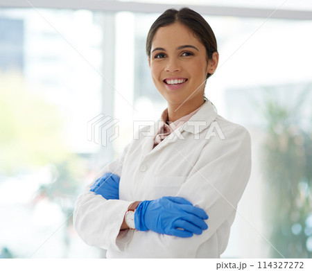 Portrait, confident scientist and happy woman in laboratory for research, career or chemist working in Spain. Face, science and medical professional with arms crossed for affirmative action of doctor Portrait, confident scientist and happy woman in laboratory for research, career or chemist working in Spain. Face, science and medical professional with arms crossed for affirmative action of doctor 114327272