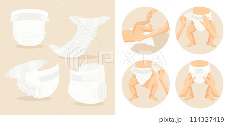 Vector Baby Diaper Illustration. Side and Top View. Infant Underwear, Stages of Changing Diaper Panties. Ultimate Guide, Step by Step Diapering Tutorial. Tips for Diapering Vector Baby Diaper Illustration. Side and Top View. Infant Underwear, Stages of Changing Diaper Panties. Ultimate Guide, Step by Step Diapering Tutorial. Tips for Diapering 114327419