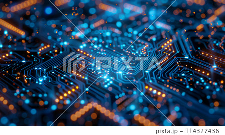 A computer chip with blue and orange lights 114327436