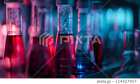 A row of beakers with red liquid in them. The beakers are arranged in a line and are all different sizes. Concept of scientific experimentation and discovery 114327457