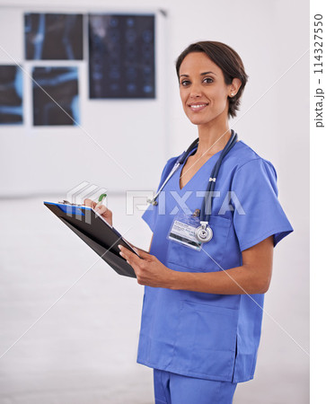 Portrait, nurse and happy woman writing on checklist in hospital for healthcare, wellness and service. Doctor, smile or medical professional with clipboard, surgeon or radiologist in clinic in Brazil Portrait, nurse and happy woman writing on checklist in hospital for healthcare, wellness and service. Doctor, smile or medical professional with clipboard, surgeon or radiologist in clinic in Brazil 114327550