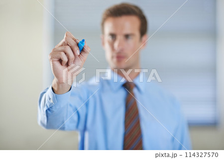 Employee, writing and glass with marker for business, professional and working in corporate. Man, serious and planning with brainstorming for presentation in company for startup, workplace and job Employee, writing and glass with marker for business, professional and working in corporate. Man, serious and planning with brainstorming for presentation in company for startup, workplace and job 114327570