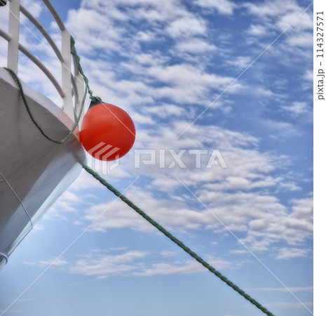 Buoy, ship and travel with transportation and blue sky, nature and fresh air, vacation or journey on cruise with safety for sailing. Boat, yacht for sea voyage or adventure, luxury and life preserver Buoy, ship and travel with transportation and blue sky, nature and fresh air, vacation or journey on cruise with safety for sailing. Boat, yacht for sea voyage or adventure, luxury and life preserver 114327571