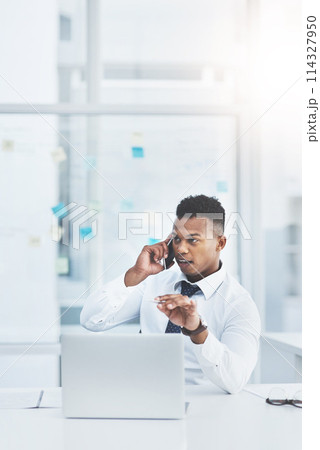Business, phone call and black man with laptop, connection and conversation with planning, schedule and employee. African person, agent and consultant with smartphone, investment and pc with broker 114327950
