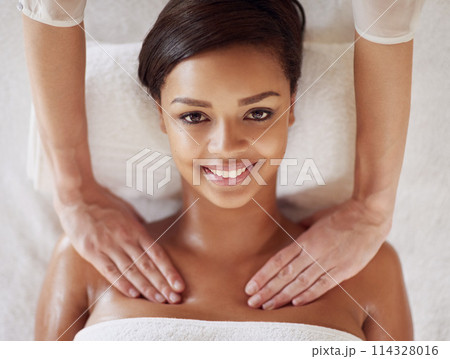 Woman, spa and neck massage for portrait, masseuse hands and pressure for muscle tension. Resting, stress relief and calm for cosmetic and wellness, physical therapy and body or luxury treatment Woman, spa and neck massage for portrait, masseuse hands and pressure for muscle tension. Resting, stress relief and calm for cosmetic and wellness, physical therapy and body or luxury treatment 114328016