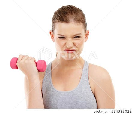 Dumbbell, girl and fitness in studio, portrait and gym for wellness, bicep and exercise for health. White background, athlete and person with resilience, training and workout for sports and strong 114328022