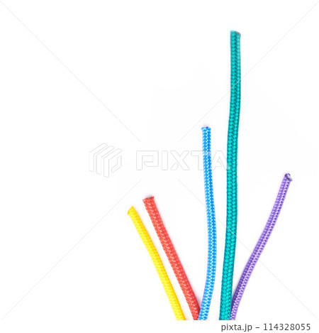 Color, rope and textile string on background, mock up or space with nylon cable with creativity. String, ties and cord to thread in pattern or start connection in craft, project or material for art 114328055