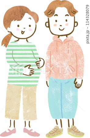 妊婦さん夫婦の全身手描きイラスト 114328079