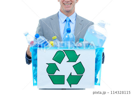 Happy, businessman and box with recycle plastic for eco friendly environment on a white studio background. Closeup of employee man with bucket of trash, garbage or bottles for pollution or earth day Happy, businessman and box with recycle plastic for eco friendly environment on a white studio background. Closeup of employee man with bucket of trash, garbage or bottles for pollution or earth day 114328115