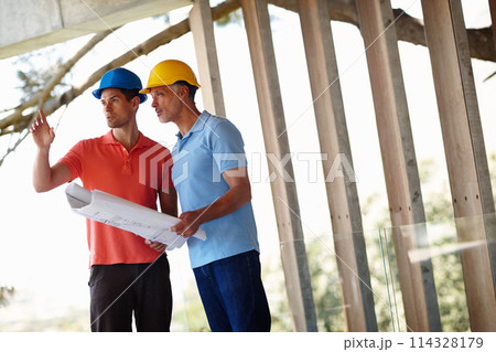 Team, construction and architect with man on site for inspection, project management and planning. Professional contractor, engineer or developer with blueprint, pointing and design collaboration 114328179