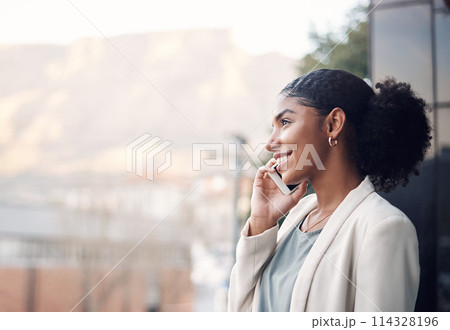 Phone call, city and business black woman on balcony for planning, talking and networking in town. Communication, professional and worker on smartphone in conversation, speaking and online chat 114328196