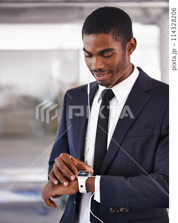Check, earphones or businessman with smart watch for time technology or device for schedule. Travel, formal outfit or black man with network gadget for radio or music app, podcast or notification Check, earphones or businessman with smart watch for time technology or device for schedule. Travel, formal outfit or black man with network gadget for radio or music app, podcast or notification 114328206