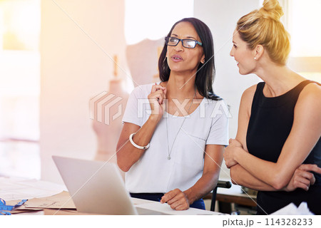 Fashion designer, teamwork and woman thinking of ideas, inspiration or creative solution for clothes production on laptop. Professional worker, tailor or people on a computer with vision for boutique 114328233