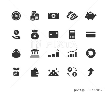 お金に関するモノクロアイコンセット お金に関するモノクロアイコンセット 114328428