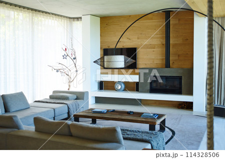 Empty room, lounge and interior design with home furniture or real estate, luxury or residential. Property, coffee table and apartment decor or modern house with comfortable, sofa or accommodation 114328506