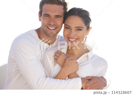 Love, hug and portrait of couple on a white background for bonding, commitment and loving relationship. Dating, relax and happy man and woman embrace for affection, marriage and romance together 114328607