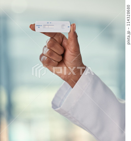 Antigen test, hospital and hands of doctor for medical diagnosis, research and consulting for disease. Professional, healthcare and person with equipment for patient results, service and wellness 114328680