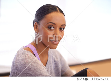 Happy woman, portrait and dancer with studio for fitness, workout or indoor exercise and training. Face of active or young female person or model on break or rest after dance class or ballet practice 114328744