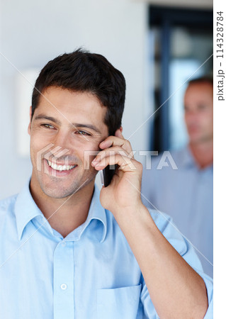 Man, smile and cellphone for phone call at office as consultant for conversation and assist client. Closeup, work and happy with discussion for connection and networking for startup business Man, smile and cellphone for phone call at office as consultant for conversation and assist client. Closeup, work and happy with discussion for connection and networking for startup business 114328784